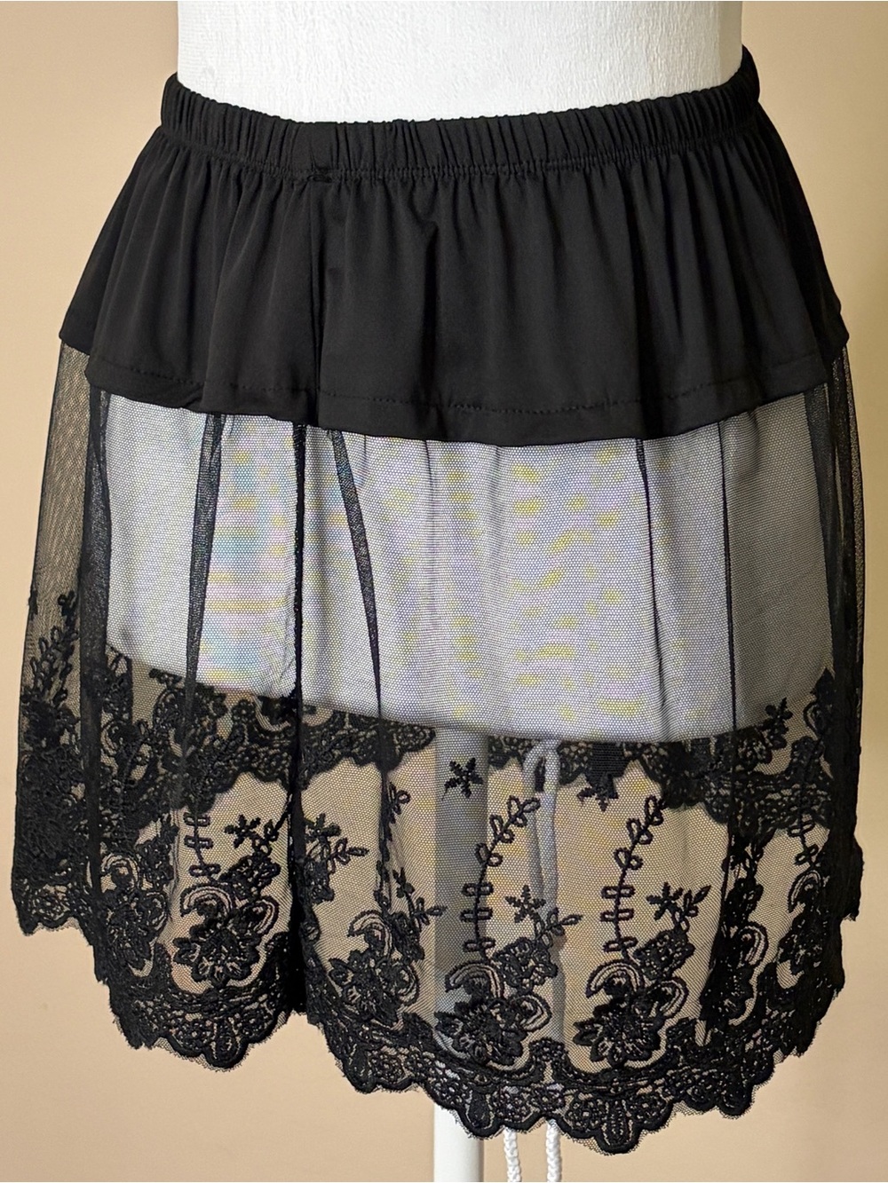 Vintage 1960s Black Lace Mini Half Slip | Solid Top + Sheer Floral Lace Hem